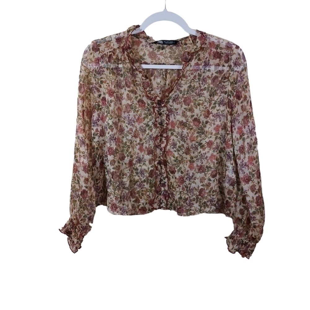 Zara Ladies Long Sleeve Crop Floral Print Romantic Top- size S